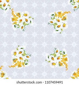 Seamless floral pattern with chamomiles and mimosas
