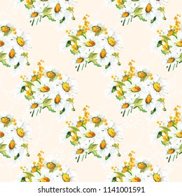 Seamless floral pattern with chamomiles and mimosas