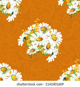 Seamless floral pattern with chamomiles and mimosas