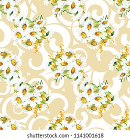 Seamless floral pattern with chamomiles and mimosas