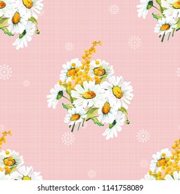 Seamless floral pattern with chamomiles and mimosas