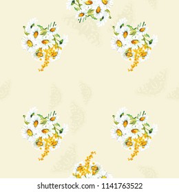 Seamless floral pattern with chamomiles and mimosas