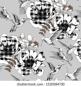 Seamless floral pattern. Checkered Exotic Tropical Anemone flowers and hummingbirds on a gray background. Textile composition, hand drawn style print. Vector illustration.