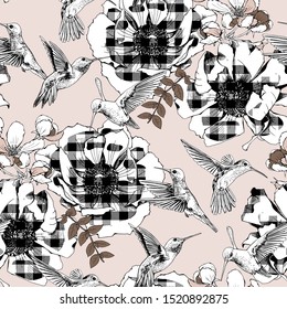 Seamless floral pattern. Checkered Exotic Tropical Anemone flowers and hummingbirds on a light rose background. Textile composition, hand drawn style print. Vector illustration.