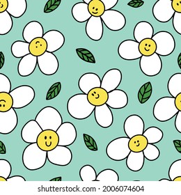 Patrón floral sin foco, mareas alegres con emociones, hojas. Ilustración creativa de niños con flores. Excelente para la tela. Ilustración vectorial. Flores silvestres, margarita. Sobre fondo azul.
