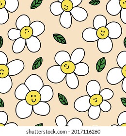 Seamless floral pattern, cheerful daisies with emotion. Creative floral children's illustration. Great for fabric, textiles, postcards. Wildflowers, daisies, leaves. Vector illustration.
