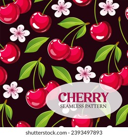 Seamless floral pattern with cherries and cherries blossom