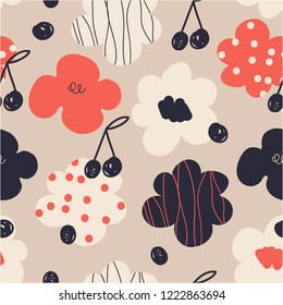 Seamless floral pattern with cherries. Fashionable template for design. Vector EPS10.