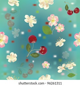 Seamless floral pattern with cherry berries and flowers
