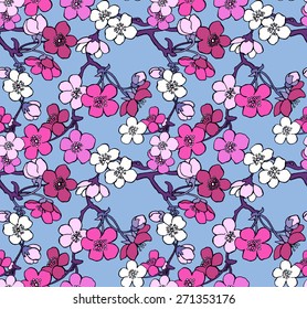 Seamless floral pattern of cherry blossom. Vector illustration.