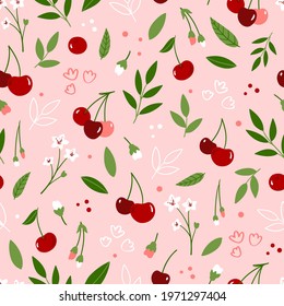 Seamless floral pattern with cherry, flowers and leaves on pink background. Cute spring print in cartoon style for kids textile or packaging design