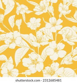 Seamless floral pattern with cherry sakura flowers on yellow background. Spring vector background.