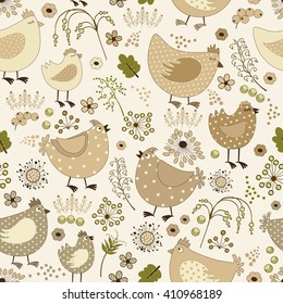 Seamless floral pattern with chicken cartoon