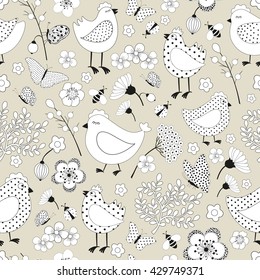 Seamless floral pattern with chicken cartoon