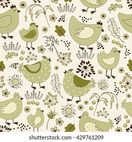 Seamless floral pattern with chicken cartoon