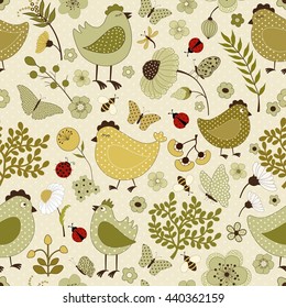 Seamless floral pattern with chicken cartoon