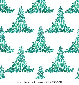 Seamless floral pattern Christmas trees spruce, watercolor, ink.
