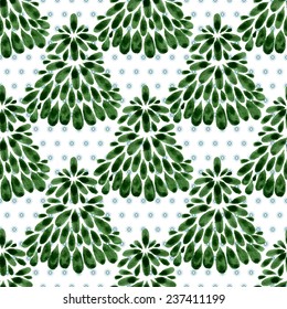 Seamless floral pattern Christmas trees, spruce, snowflakes, watercolor, ink.