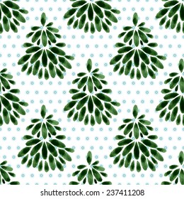 Seamless floral pattern Christmas trees, spruce, snowflakes, watercolor, ink.