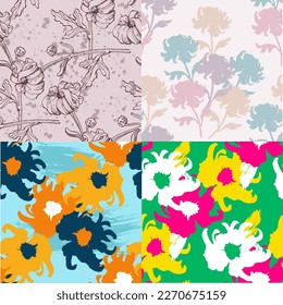 Patrón floral sin foco con crisantemos. Primavera; vacaciones de verano regalos y regalos papel de envolver, Para textiles, embalaje; tela, papel pintado.