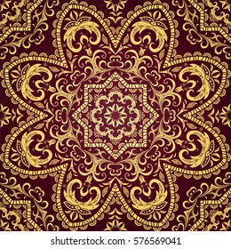 Seamless floral pattern in a circle on a brown background. Ornament with Oriental motifs, mandala, mehendi vector. Ornate pattern for invitations, greeting cards, web backgrounds, textiles.