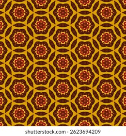 Seamless floral pattern in a circle shape. Red shades stand out on a dark background. Yellow and brown lines create a patterned design that gives a simple, elegant feel. Suitable for unique spaces.