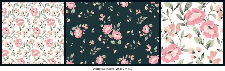 Seamless floral pattern, classic botanical design collection. Ornate composition of hand drawn plants, large pink flowers, small leaves and twigs. Elegant style fashion pattern, vector illustration.