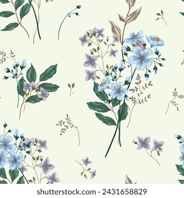 Nahtloses Blumenmuster, klassischer Blumendruck mit Wildblumen im Vintage-Motiv. Feines botanisches Design: handgezeichnete kleine blaue Blumen, Blätter auf weißem Hintergrund. Vektorgrafik