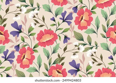 Seamless floral pattern, classic flower ornament, abstract ditsy print in vintage motif. Elegant botanical design of beautiful large wild flowers, leaves, small branches, herbs. Vector illustration.
