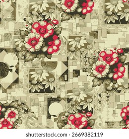 Seamless floral pattern, classic flower ornament, abstract ditsy print in vintage motif. Elegant botanical design of beautiful large wild flowers, leaves, small branches, herbs. Vector illustration.