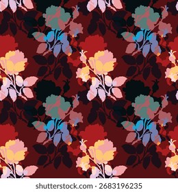 Seamless floral pattern, classic flower ornament, abstract ditsy print in vintage motif. Elegant botanical design of beautiful large wild flowers, leaves, small branches, herbs. Vector illustration.