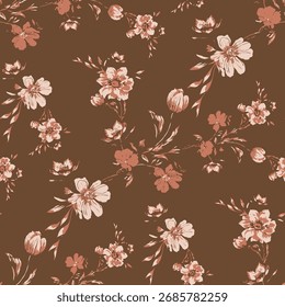 Seamless floral pattern, classic flower ornament, abstract ditsy print in vintage motif. Elegant botanical design of beautiful large wild flowers, leaves, small branches, herbs. Vector illustration.

