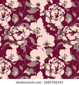 Patrón floral sin fisuras, adorno clásico de la flor, impresión sucia abstracta en motivo vintage. Elegante diseño botánico de hermosas flores silvestres Grandes, hojas, ramas Pequeñas, hierbas. Ilustración vectorial.

