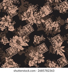 Seamless floral pattern, classic flower ornament, abstract ditsy print in vintage motif. Elegant botanical design of beautiful large wild flowers, leaves, small branches, herbs. Vector illustration.

