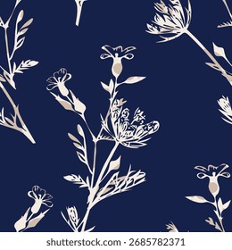 Seamless floral pattern, classic flower ornament, abstract ditsy print in vintage motif. Elegant botanical design of beautiful large wild flowers, leaves, small branches, herbs. Vector illustration.

