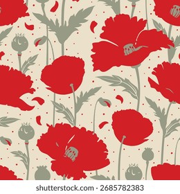 Seamless floral pattern, classic flower ornament, abstract ditsy print in vintage motif. Elegant botanical design of beautiful large wild flowers, leaves, small branches, herbs. Vector illustration.

