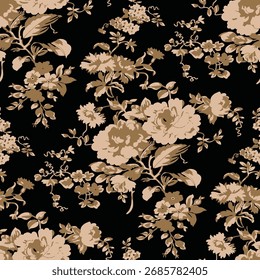 Patrón floral sin fisuras, adorno clásico de la flor, impresión sucia abstracta en motivo vintage. Elegante diseño botánico de hermosas flores silvestres Grandes, hojas, ramas Pequeñas, hierbas. Ilustración vectorial.

