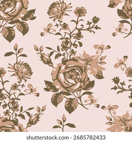 Seamless floral pattern, classic flower ornament, abstract ditsy print in vintage motif. Elegant botanical design of beautiful large wild flowers, leaves, small branches, herbs. Vector illustration.

