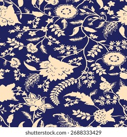 Seamless floral pattern, classic flower ornament, abstract ditsy print in vintage motif. Elegant botanical design of beautiful large wild flowers, leaves, small branches, herbs. Vector illustration.

