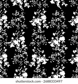 Patrón floral sin fisuras, adorno clásico de la flor, impresión sucia abstracta en motivo vintage. Elegante diseño botánico de hermosas flores silvestres Grandes, hojas, ramas Pequeñas, hierbas. Ilustración vectorial.

