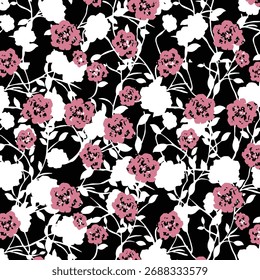 Seamless floral pattern, classic flower ornament, abstract ditsy print in vintage motif. Elegant botanical design of beautiful large wild flowers, leaves, small branches, herbs. Vector illustration.

