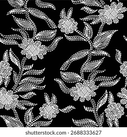 Patrón floral sin fisuras, adorno clásico de la flor, impresión sucia abstracta en motivo vintage. Elegante diseño botánico de hermosas flores silvestres Grandes, hojas, ramas Pequeñas, hierbas. Ilustración vectorial.

