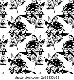 Seamless floral pattern, classic flower ornament, abstract ditsy print in vintage motif. Elegant botanical design of beautiful large wild flowers, leaves, small branches, herbs. Vector illustration.


