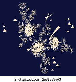 Padrão floral sem emenda, ornamento de flor clássico, impressão disy abstrato no motivo vintage. Design botânico elegante de belas grandes flores selvagens, folhas, pequenos ramos, ervas. Ilustração vetorial.

