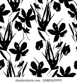 Patrón floral sin fisuras, adorno clásico de la flor, impresión sucia abstracta en motivo vintage. Elegante diseño botánico de hermosas flores silvestres Grandes, hojas, ramas Pequeñas, hierbas. Ilustración vectorial.

