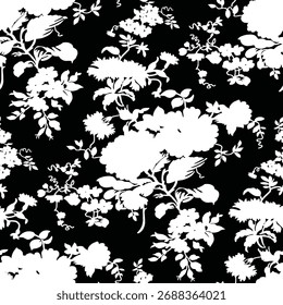 Padrão floral sem emenda, ornamento de flor clássico, impressão disy abstrato no motivo vintage. Design botânico elegante de belas grandes flores selvagens, folhas, pequenos ramos, ervas. Ilustração vetorial.

