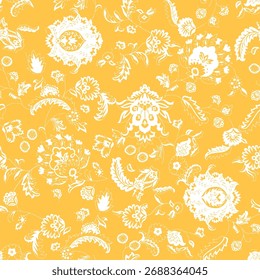 Seamless floral pattern, classic flower ornament, abstract ditsy print in vintage motif. Elegant botanical design of beautiful large wild flowers, leaves, small branches, herbs. Vector illustration.

