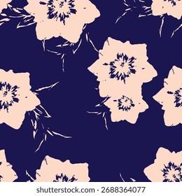 Patrón floral sin fisuras, adorno clásico de la flor, impresión sucia abstracta en motivo vintage. Elegante diseño botánico de hermosas flores silvestres Grandes, hojas, ramas Pequeñas, hierbas. Ilustración vectorial.

