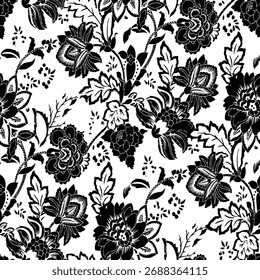 Patrón floral sin fisuras, adorno clásico de la flor, impresión sucia abstracta en motivo vintage. Elegante diseño botánico de hermosas flores silvestres Grandes, hojas, ramas Pequeñas, hierbas. Ilustración vectorial.

