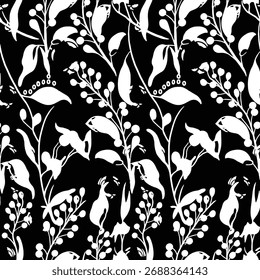 Padrão floral sem emenda, ornamento de flor clássico, impressão disy abstrato no motivo vintage. Design botânico elegante de belas grandes flores selvagens, folhas, pequenos ramos, ervas. Ilustração vetorial.

